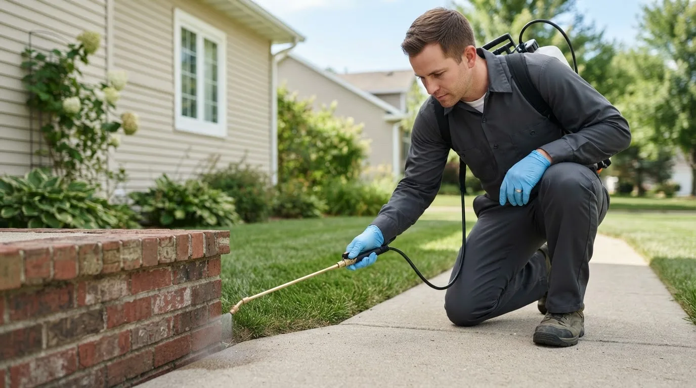 Pest control technician treating a home near Meddybemps, ME